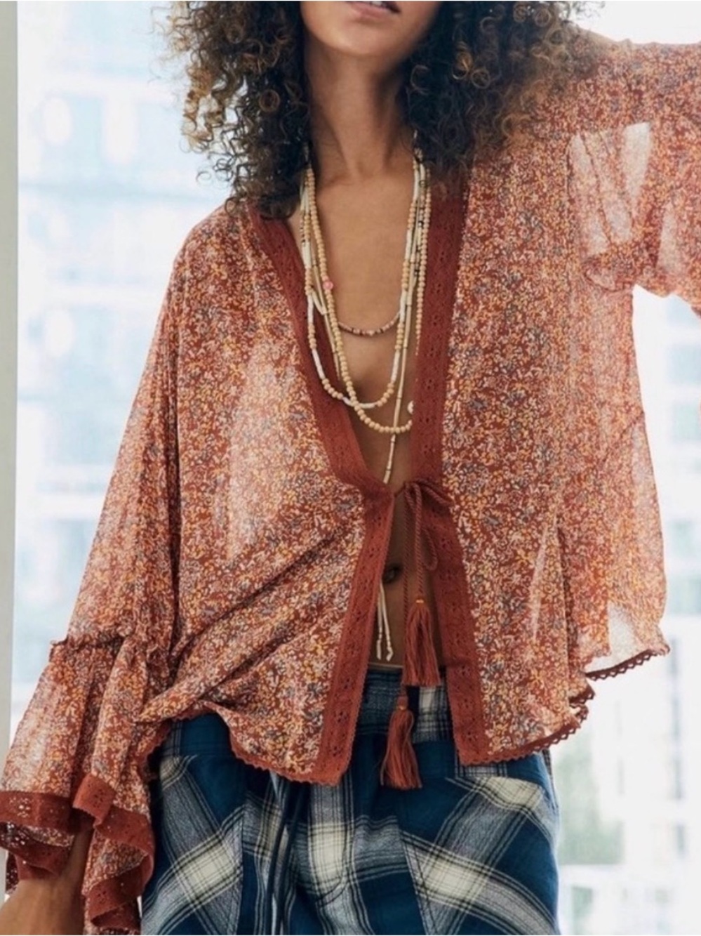 Free People Lola Kimono Bell Sleeves Tie Front Tassels Lace Trim Floral